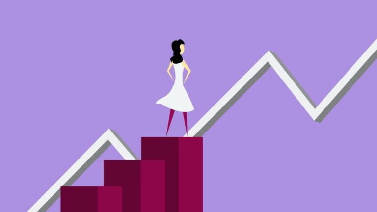 Digital image of a woman standing on a staircase looking at growth.