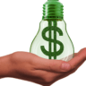 a hand holding a green lightbulb with a dollar sign inside it