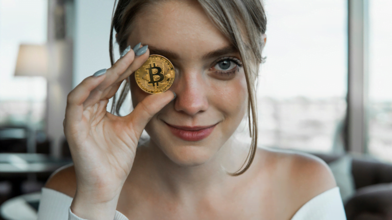 Woman holding Bitcoin